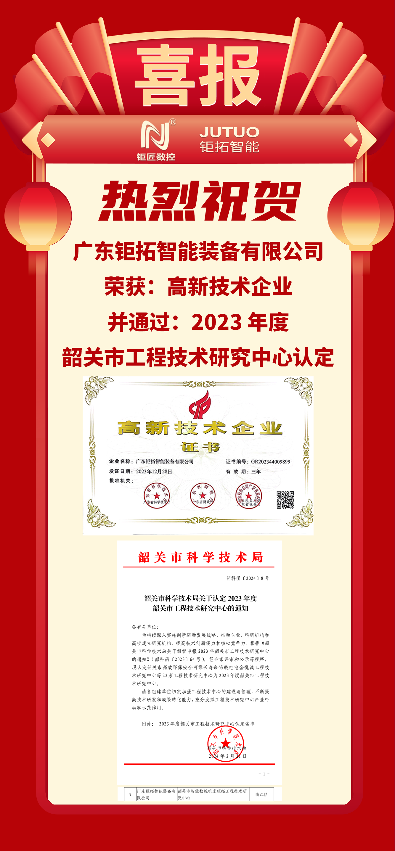 【喜報(bào)】鉅匠數(shù)控韶關(guān)工廠榮獲:高新技術(shù)企業(yè)、韶關(guān)市工程技術(shù)研究中心認(rèn)定